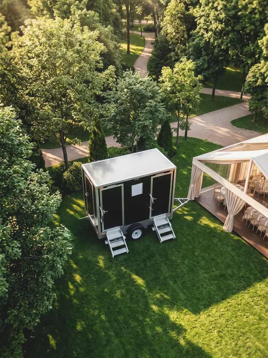 Restroom trailer on a garden lawn next to a wedding tent, seen from above